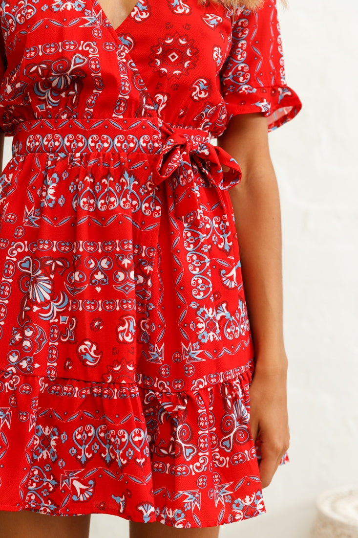Rubi V-Neckline Wrap Dress Pattern Print Red